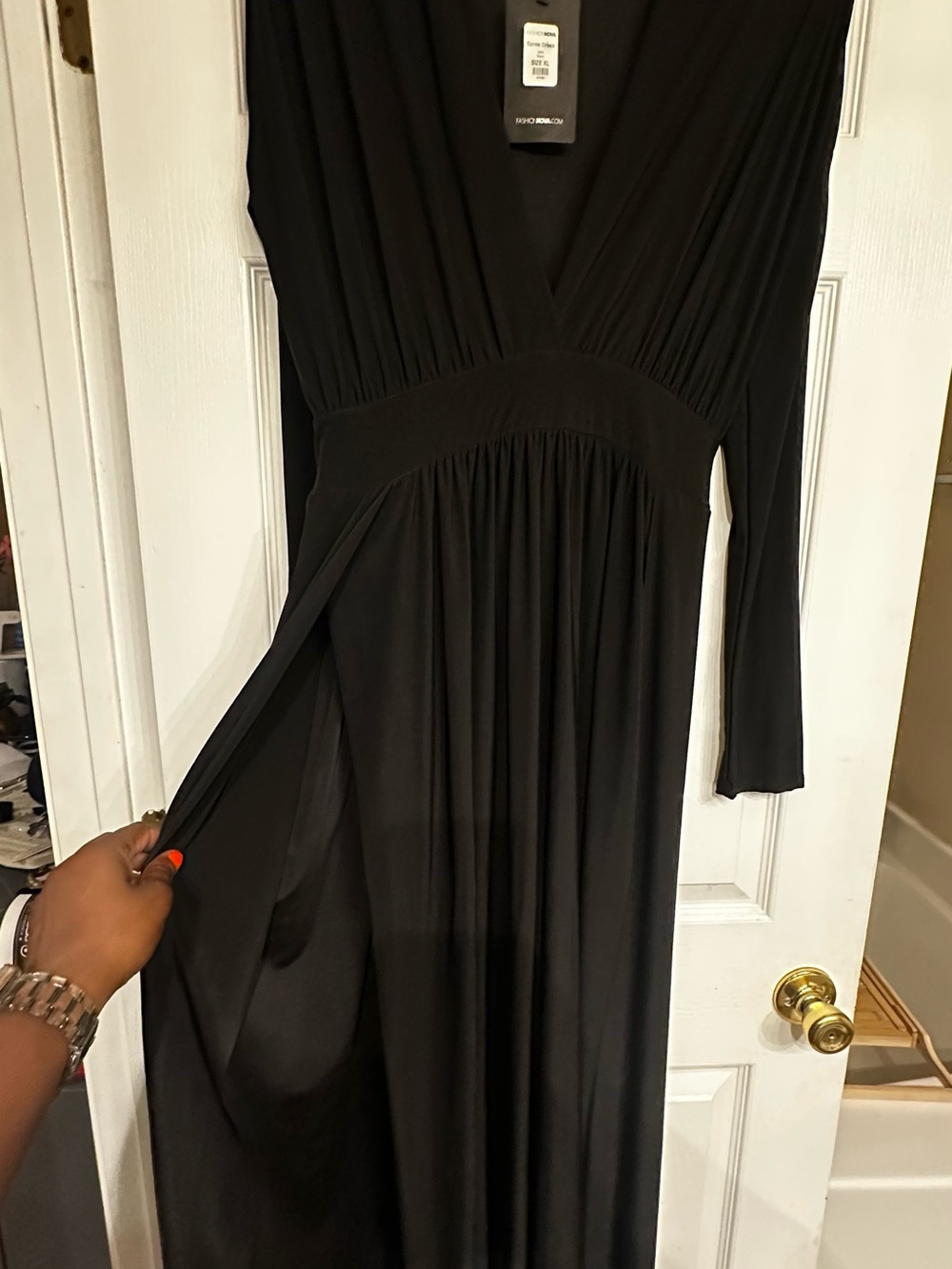 Fashion Nova Black Long Sleeve Maxi Dress with Gathered Waist